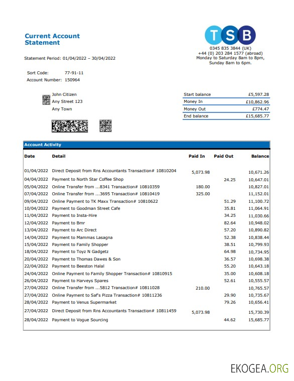 Relevé bancaire du TSB du Royaume Uni, modèle Excel et PDF